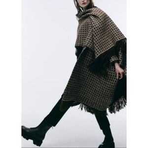 NWT Zara Houndstooth Fringe Poncho - Jacquard Knit, Retro Western Unisex - OS